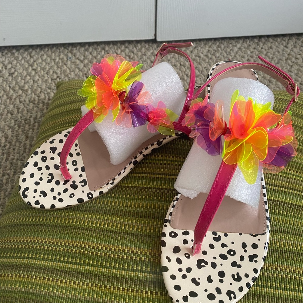 Betsey Johnson Thong Multi Colored Pink and Yellow Sandals with Floral Accents